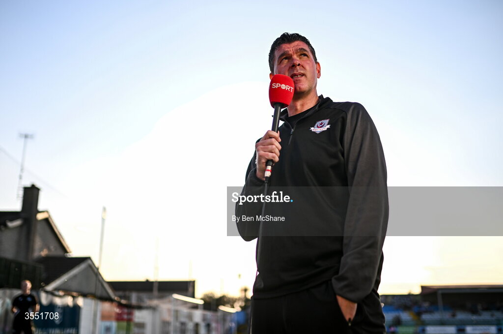 28 August 2026; Drogheda United manager Kevin Doherty is interviewed by Virgin Media Sport before the SSE Airtricity Men’s Premier Division match between Drogheda United and Dundalk at Sullivan & Lambe Park in Drogheda, Louth. Photo by Ben McShane/Sportsfile