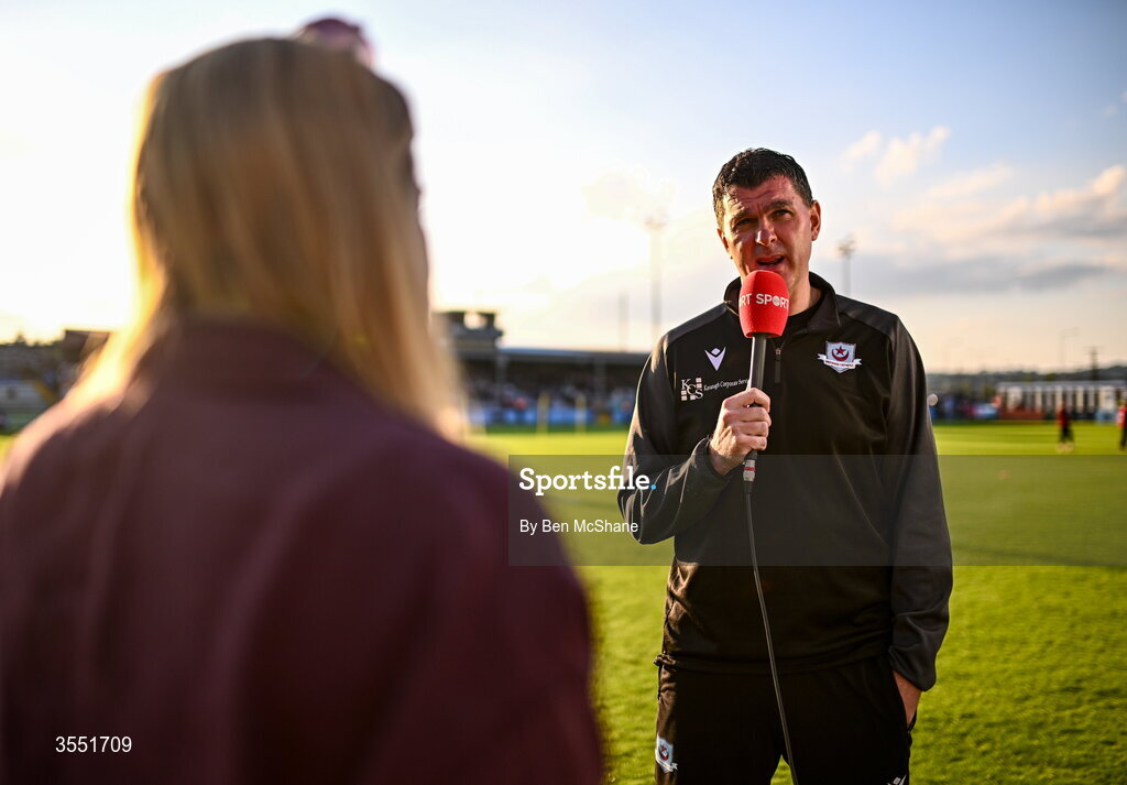 28 August 2026; Drogheda United manager Kevin Doherty is interviewed by Virgin Media Sport before the SSE Airtricity Men’s Premier Division match between Drogheda United and Dundalk at Sullivan & Lambe Park in Drogheda, Louth. Photo by Ben McShane/Sportsfile