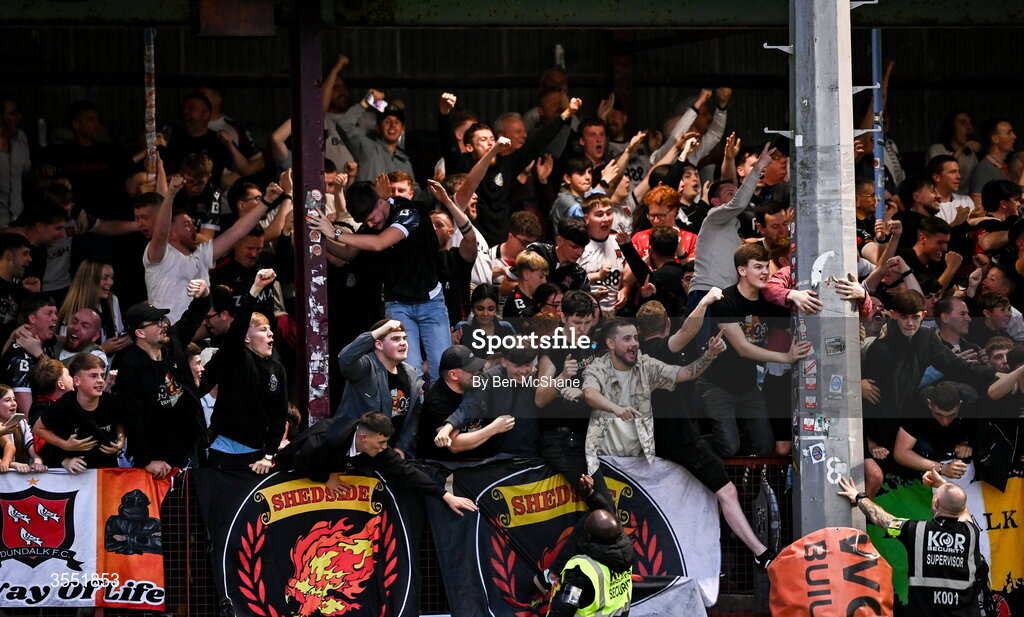 28 August 2026; Dundalk supporters celebrate their side's first goal during the SSE Airtricity Men’s Premier Division match between Drogheda United and Dundalk at Sullivan & Lambe Park in Drogheda, Louth. Photo by Ben McShane/Sportsfile
