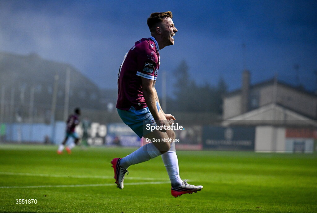 28 August 2026; Brandon Kavanagh of Drogheda United celebrates after scoring his side's second goal during the SSE Airtricity Men’s Premier Division match between Drogheda United and Dundalk at Sullivan & Lambe Park in Drogheda, Louth. Photo by Ben McShane/Sportsfile