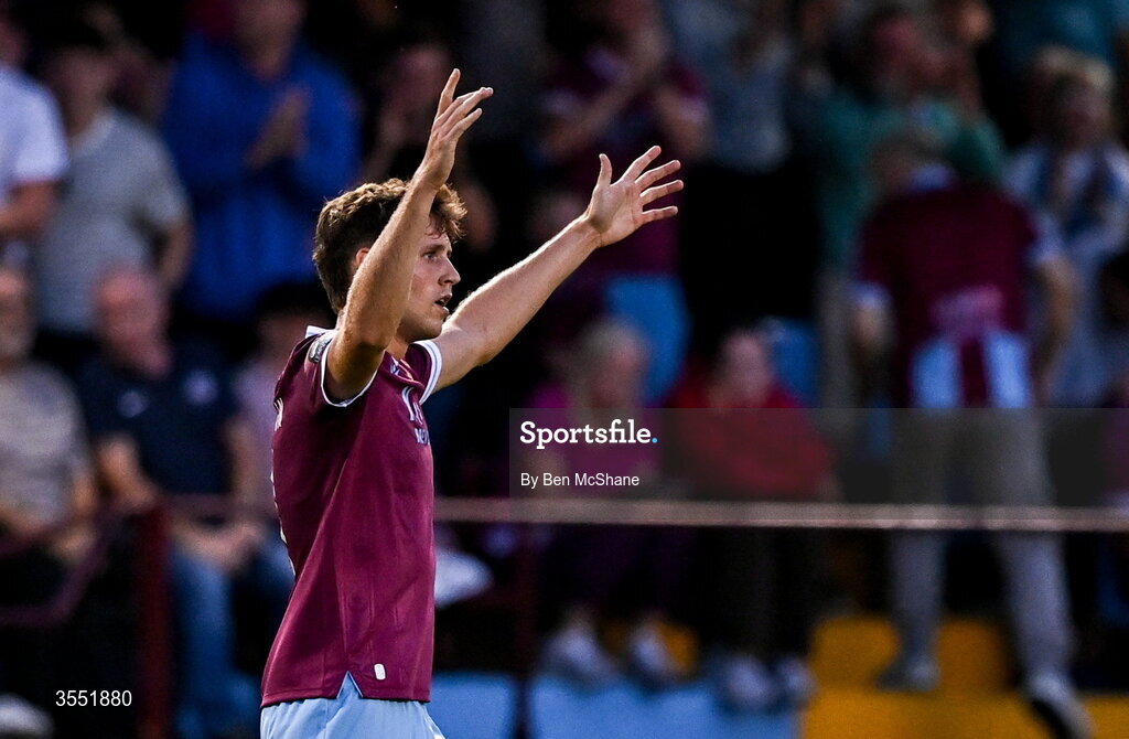 28 August 2026; Keegan Ancelin of Drogheda United celebrates after scoring his side's first goal during the SSE Airtricity Men’s Premier Division match between Drogheda United and Dundalk at Sullivan & Lambe Park in Drogheda, Louth. Photo by Ben McShane/Sportsfile