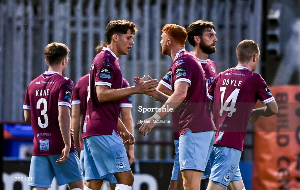 28 August 2026; Keegan Ancelin of Drogheda United celebrates with teammate James Bolger, right, after scoring their side's first goal during the SSE Airtricity Men’s Premier Division match between Drogheda United and Dundalk at Sullivan & Lambe Park in Drogheda, Louth. Photo by Ben McShane/Sportsfile
