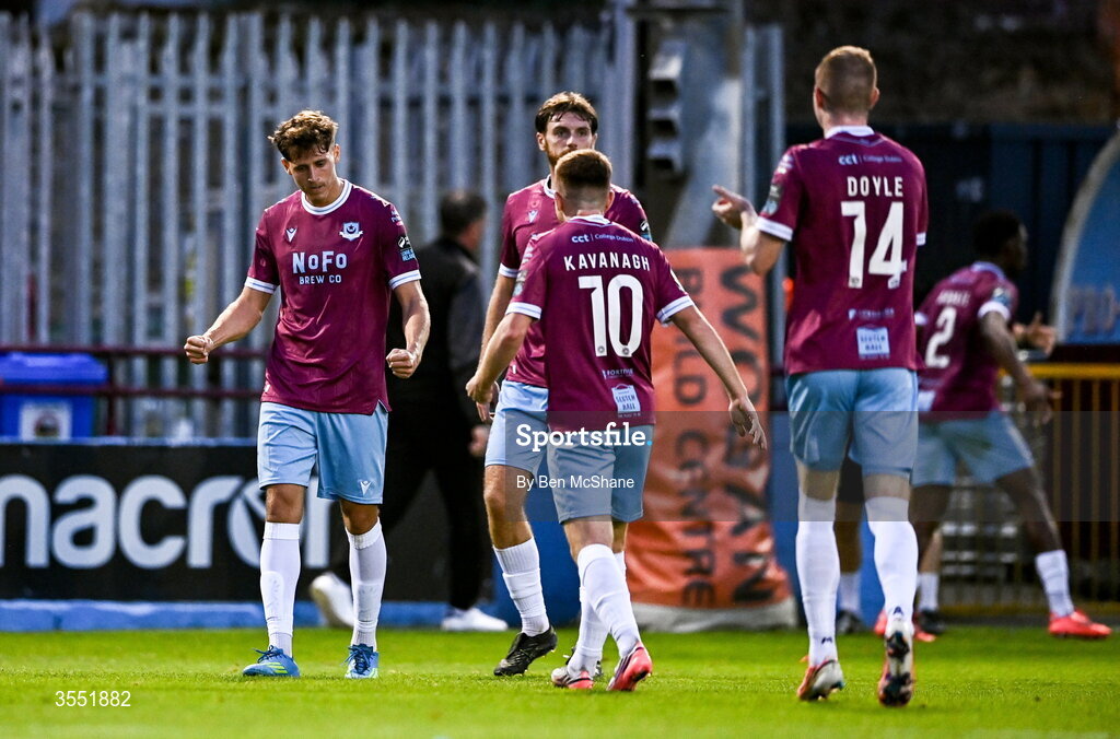 28 August 2026; Keegan Ancelin of Drogheda United celebrates after scoring his side's first goal during the SSE Airtricity Men’s Premier Division match between Drogheda United and Dundalk at Sullivan & Lambe Park in Drogheda, Louth. Photo by Ben McShane/Sportsfile