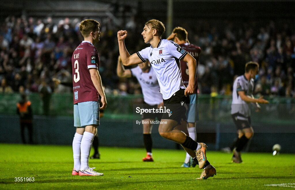 28 August 2026; Ronan Teahan of Dundalk celebrates after scoring his side's second goal during the SSE Airtricity Men’s Premier Division match between Drogheda United and Dundalk at Sullivan & Lambe Park in Drogheda, Louth. Photo by Ben McShane/Sportsfile