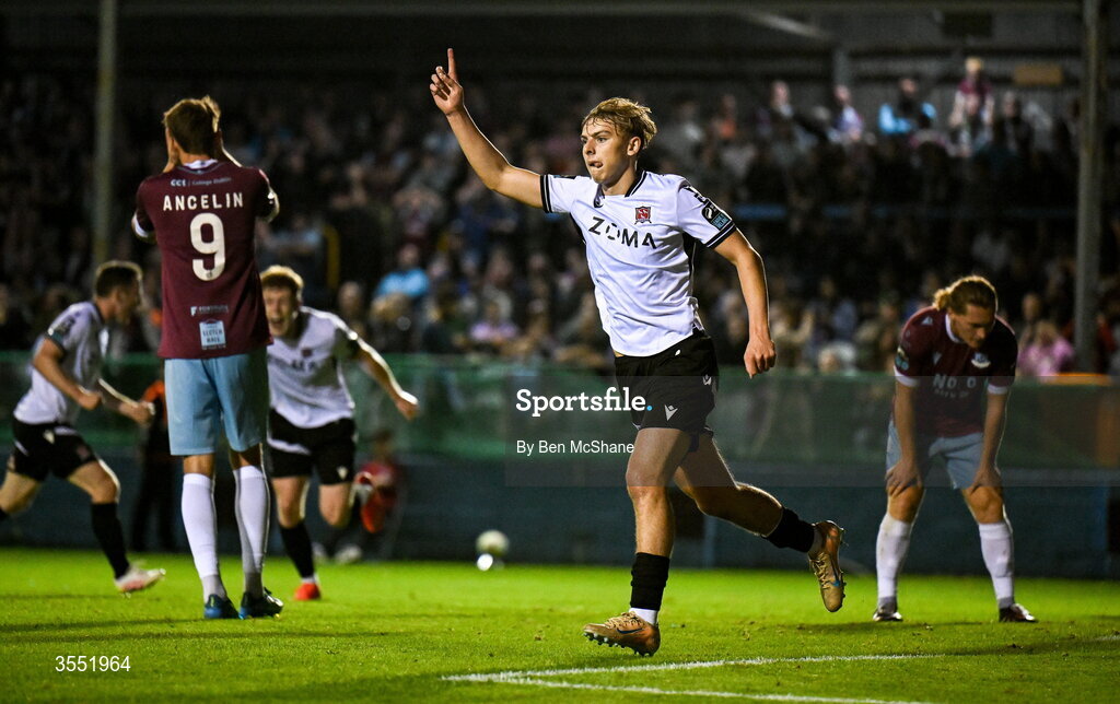 28 August 2026; Ronan Teahan of Dundalk celebrates after scoring his side's second goal during the SSE Airtricity Men’s Premier Division match between Drogheda United and Dundalk at Sullivan & Lambe Park in Drogheda, Louth. Photo by Ben McShane/Sportsfile