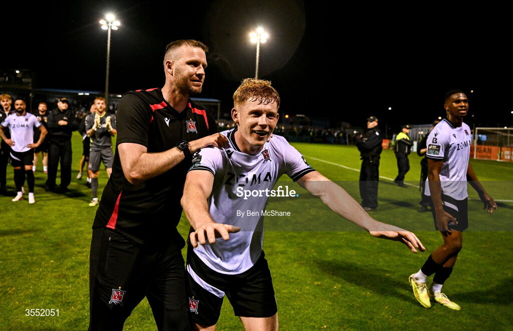 28 August 2026; Dundalk manager Ciaran Kilduff with Cian Dillon of Dundalk after the SSE Airtricity Men’s Premier Division match between Drogheda United and Dundalk at Sullivan & Lambe Park in Drogheda, Louth. Photo by Ben McShane/Sportsfile