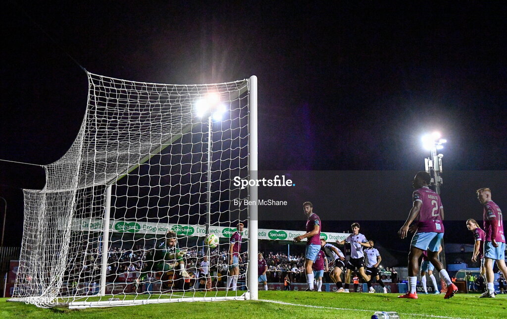 28 August 2026; Ronan Teahan of Dundalk scores his side's second goal during the SSE Airtricity Men’s Premier Division match between Drogheda United and Dundalk at Sullivan & Lambe Park in Drogheda, Louth. Photo by Ben McShane/Sportsfile