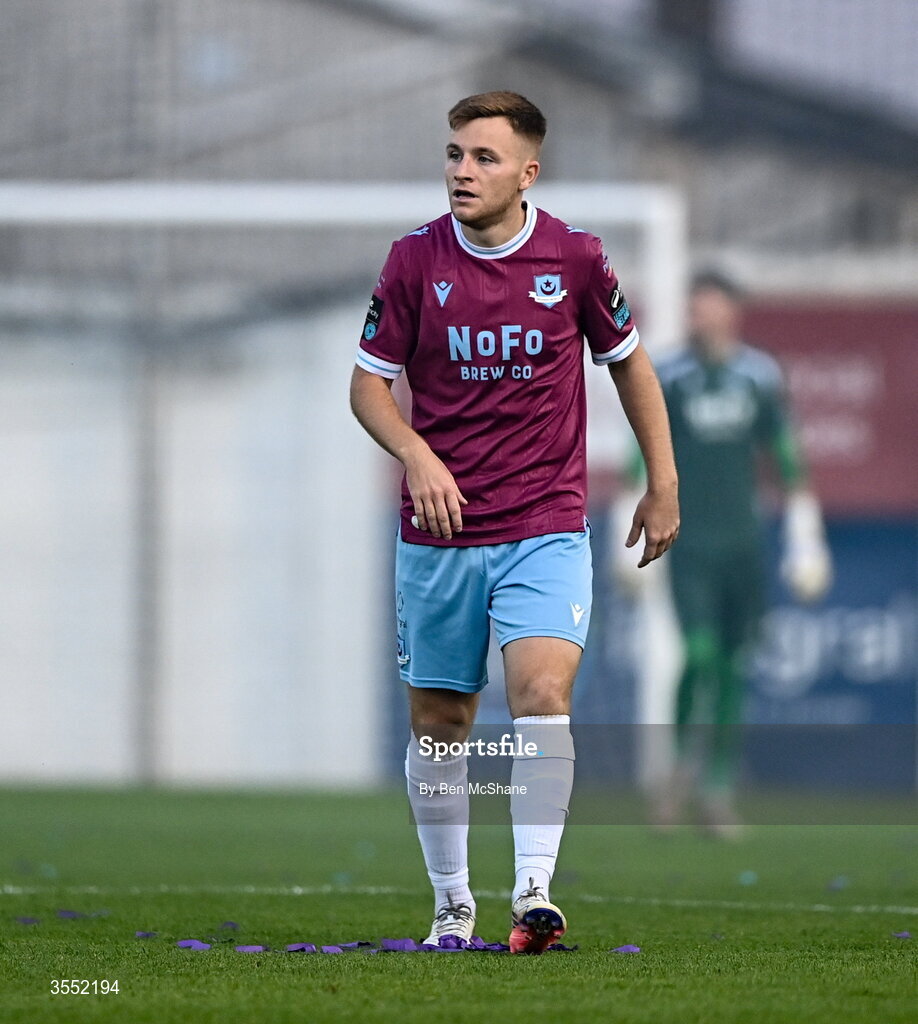 28 August 2026; Brandon Kavanagh of Drogheda United during the SSE Airtricity Men’s Premier Division match between Drogheda United and Dundalk at Sullivan & Lambe Park in Drogheda, Louth. Photo by Ben McShane/Sportsfile
