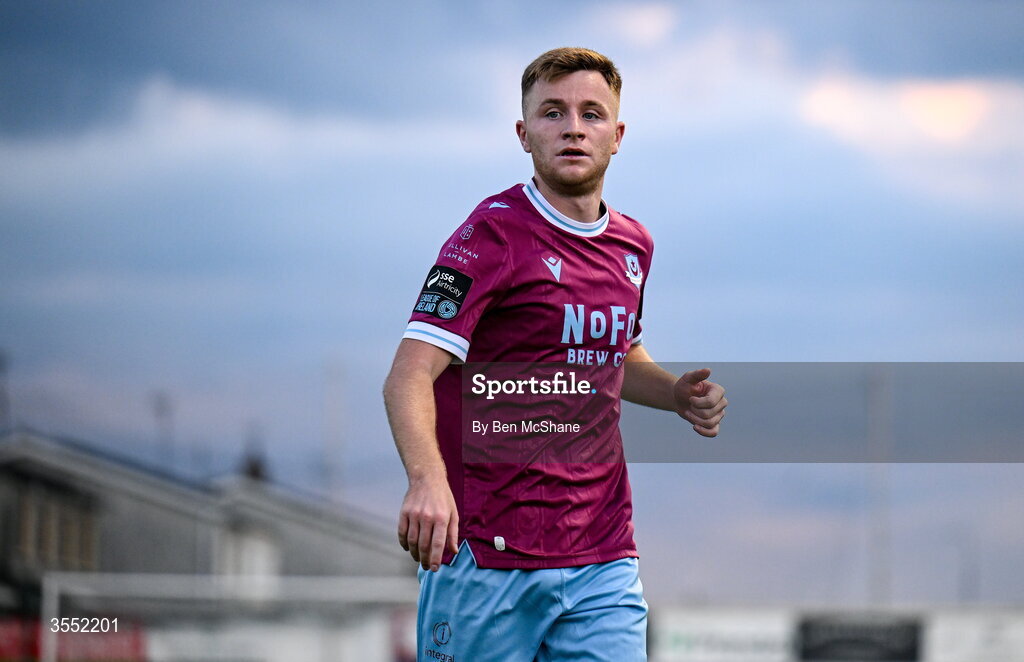 28 August 2026; Brandon Kavanagh of Drogheda United during the SSE Airtricity Men’s Premier Division match between Drogheda United and Dundalk at Sullivan & Lambe Park in Drogheda, Louth. Photo by Ben McShane/Sportsfile