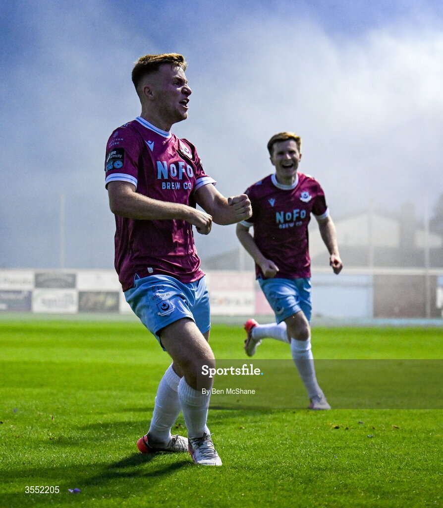28 August 2026; Brandon Kavanagh of Drogheda United celebrates after scoring his side's second goal during the SSE Airtricity Men’s Premier Division match between Drogheda United and Dundalk at Sullivan & Lambe Park in Drogheda, Louth. Photo by Ben McShane/Sportsfile