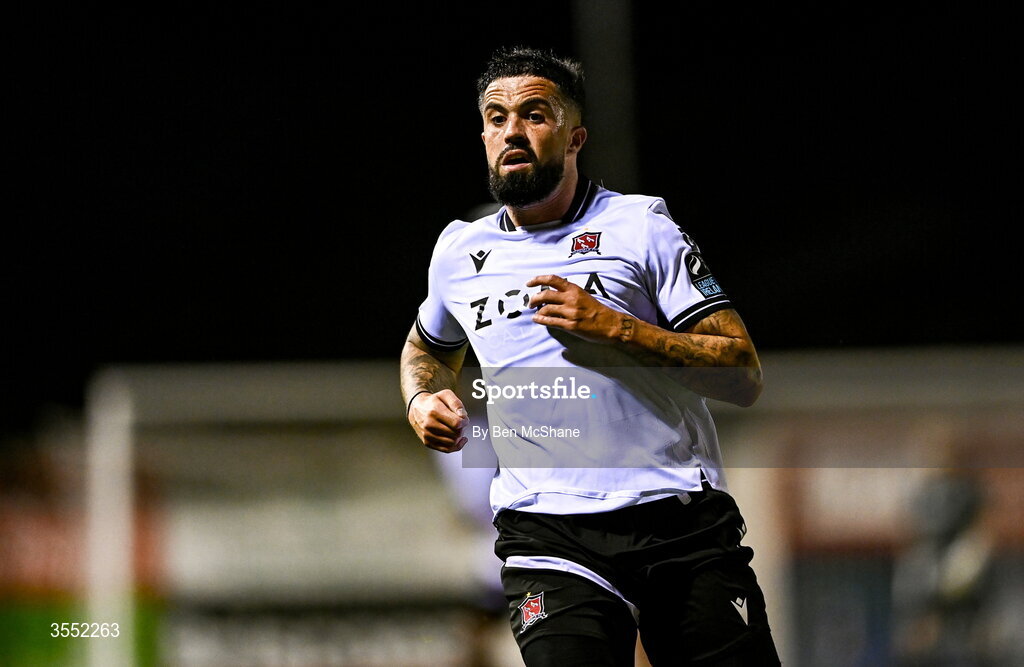 28 August 2026; Declan McDaid of Dundalk during the SSE Airtricity Men’s Premier Division match between Drogheda United and Dundalk at Sullivan & Lambe Park in Drogheda, Louth. Photo by Ben McShane/Sportsfile