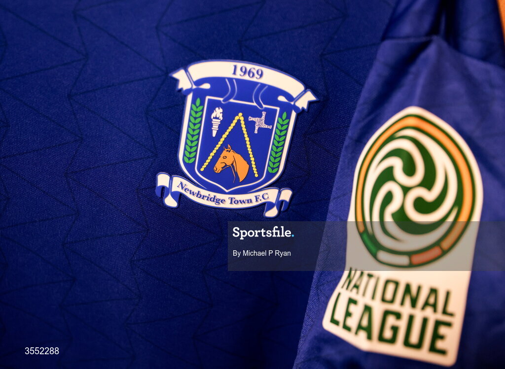 29 August 2026; A detailed view of the Newbridge Town crest and National League branding on the Newbridge Town jersey before the FAI National League Group 3 match between CK United and Newbridge Town at SETU Sports Complex in Carlow. Photo by Michael P Ryan/Sportsfile