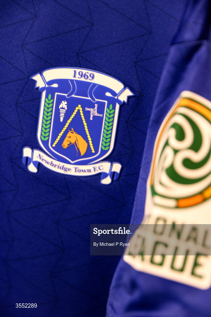 29 August 2026; A detailed view of the Newbridge Town crest and National League branding on the Newbridge Town jersey before the FAI National League Group 3 match between CK United and Newbridge Town at SETU Sports Complex in Carlow. Photo by Michael P Ryan/Sportsfile