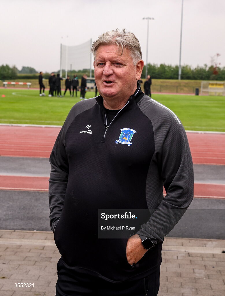 29 August 2026; Newbridge Town manager Martin Russell before the FAI National League Group 3 match between CK United and Newbridge Town at SETU Sports Complex in Carlow. Photo by Michael P Ryan/Sportsfile