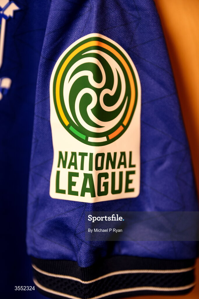 29 August 2026; A detailed view of the National League branding on the jersey sleeve of a Newbridge Town jersey before the FAI National League Group 3 match between CK United and Newbridge Town at SETU Sports Complex in Carlow. Photo by Michael P Ryan/Sportsfile