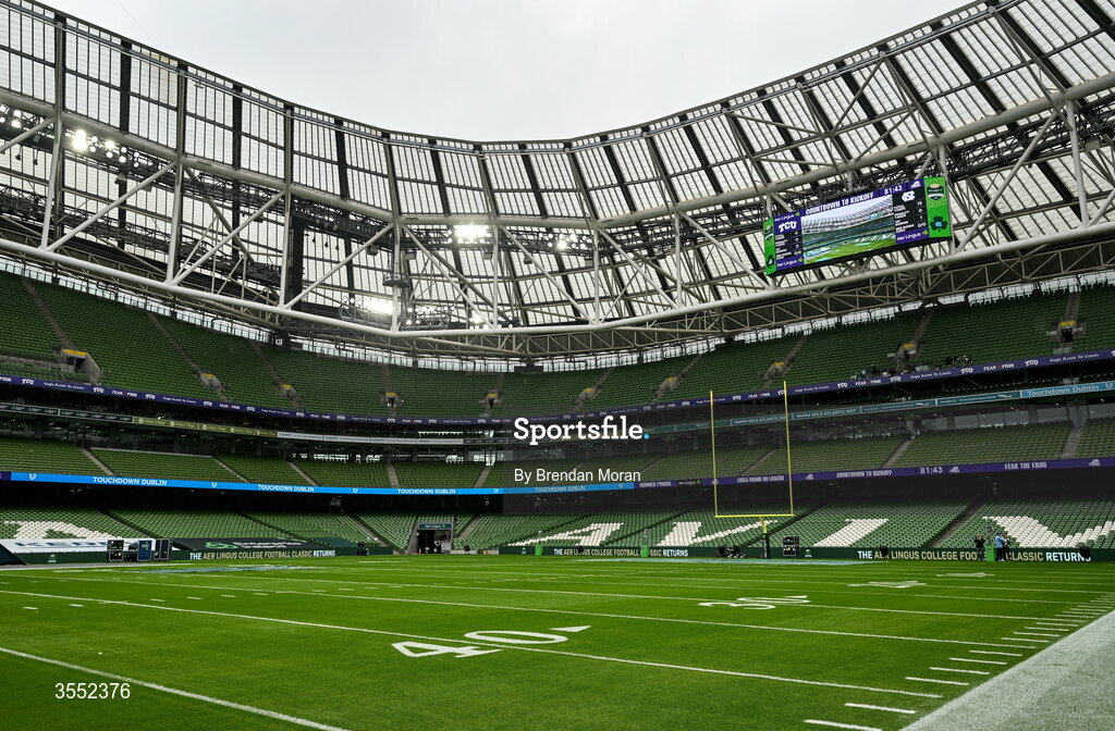 29 August 2026; A general view of Aviva Stadium before the 2026 Aer Lingus College Football Classic match between TCU and North Carolina in Dublin. Photo by Brendan Moran/Sportsfile