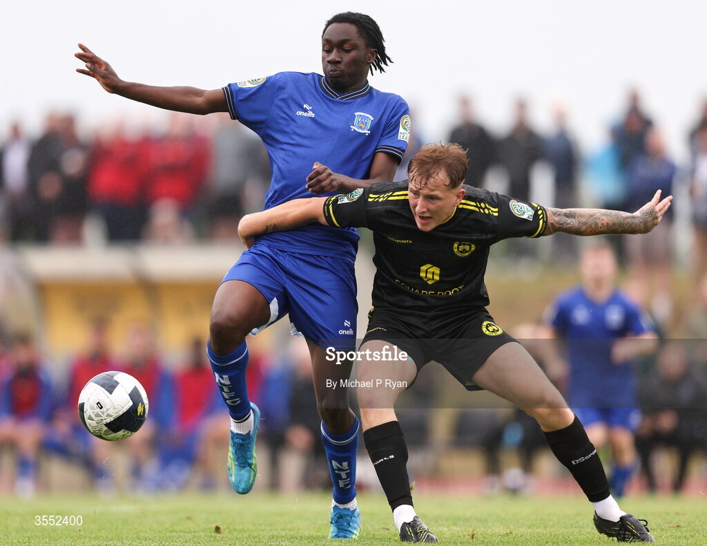29 August 2026; Kyle Foley of CK United in action against Alex Akinrintoyo of Newbridge Town during the FAI National League Group 3 match between CK United and Newbridge Town at SETU Sports Complex in Carlow. Photo by Michael P Ryan/Sportsfile