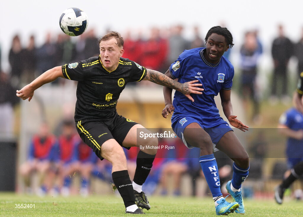 29 August 2026; Kyle Foley of CK United in action against Alex Akinrintoyo of Newbridge Town during the FAI National League Group 3 match between CK United and Newbridge Town at SETU Sports Complex in Carlow. Photo by Michael P Ryan/Sportsfile
