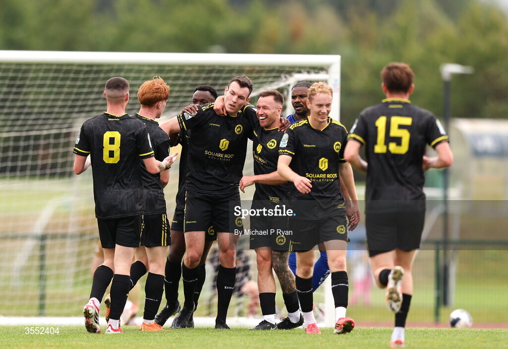 29 August 2026; Callum Warfield of CK United, centre, celebrates after scoring his side's first goal during the FAI National League Group 3 match between CK United and Newbridge Town at SETU Sports Complex in Carlow. Photo by Michael P Ryan/Sportsfile