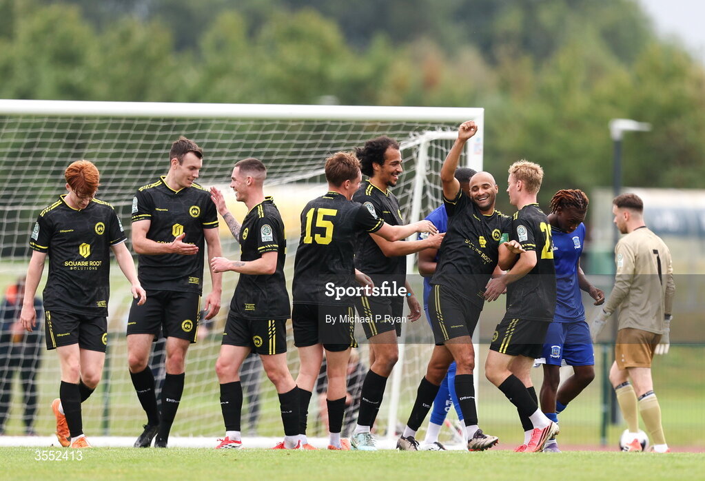 29 August 2026; Ethan Boyle of CK United, second from right, celebrates after scoring his side's second goal during the FAI National League Group 3 match between CK United and Newbridge Town at SETU Sports Complex in Carlow. Photo by Michael P Ryan/Sportsfile