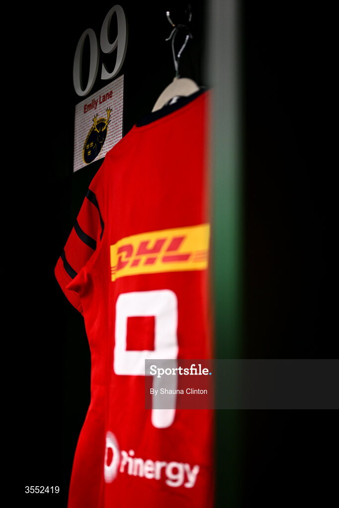 29 August 2026; The jersey of Emily Lane of Munster is seen in the dressing-room ahead of the Vodafone Womens Interprovincial Championship final match between Munster and Leinster at Dexcom Stadium in Galway. Photo by Shauna Clinton/Sportsfile