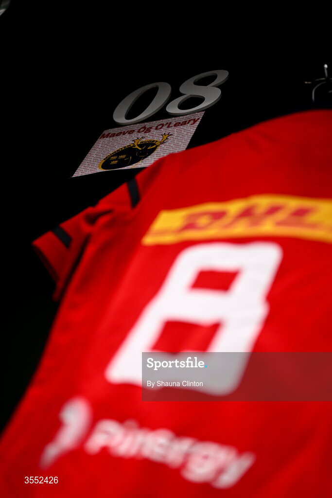 29 August 2026; The jersey of Munster captain Maeve Óg O’Leary is seen in the dressing-room ahead of the Vodafone Womens Interprovincial Championship final match between Munster and Leinster at Dexcom Stadium in Galway. Photo by Shauna Clinton/Sportsfile