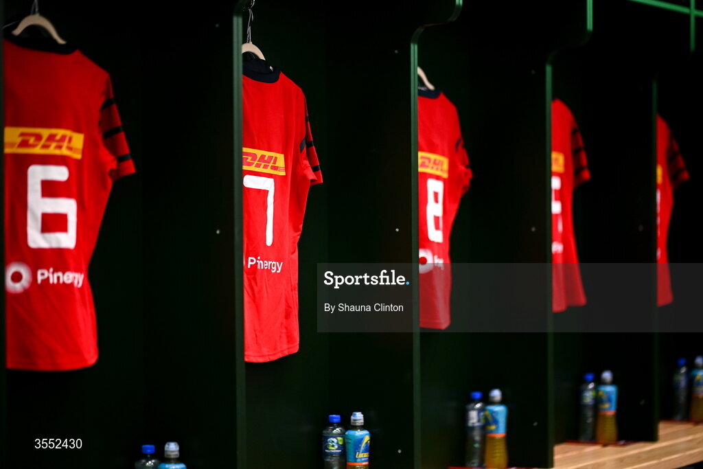 29 August 2026; The jersey of Grace Moore of Munster, centre, and team-mates are seen in the dressing-room ahead of the Vodafone Womens Interprovincial Championship final match between Munster and Leinster at Dexcom Stadium in Galway. Photo by Shauna Clinton/Sportsfile