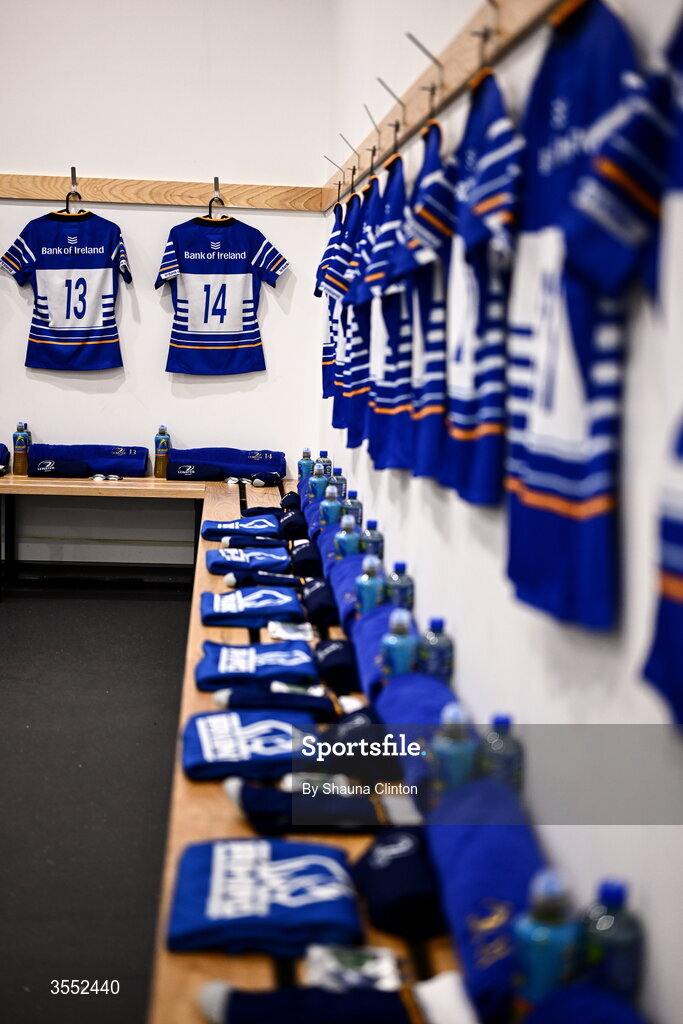 29 August 2026; The jersey of Leinster players Aoife Dalton, left, and Robyn O’Connor are seen in the dressing-room ahead of the Vodafone Womens Interprovincial Championship final match between Munster and Leinster at Dexcom Stadium in Galway. Photo by Shauna Clinton/Sportsfile