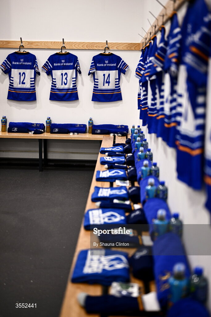 29 August 2026; The jersey of Leinster players, from left, Eve Higgins, Aoife Dalton and Robyn O’Connor are seen in the dressing-room ahead of the Vodafone Womens Interprovincial Championship final match between Munster and Leinster at Dexcom Stadium in Galway. Photo by Shauna Clinton/Sportsfile
