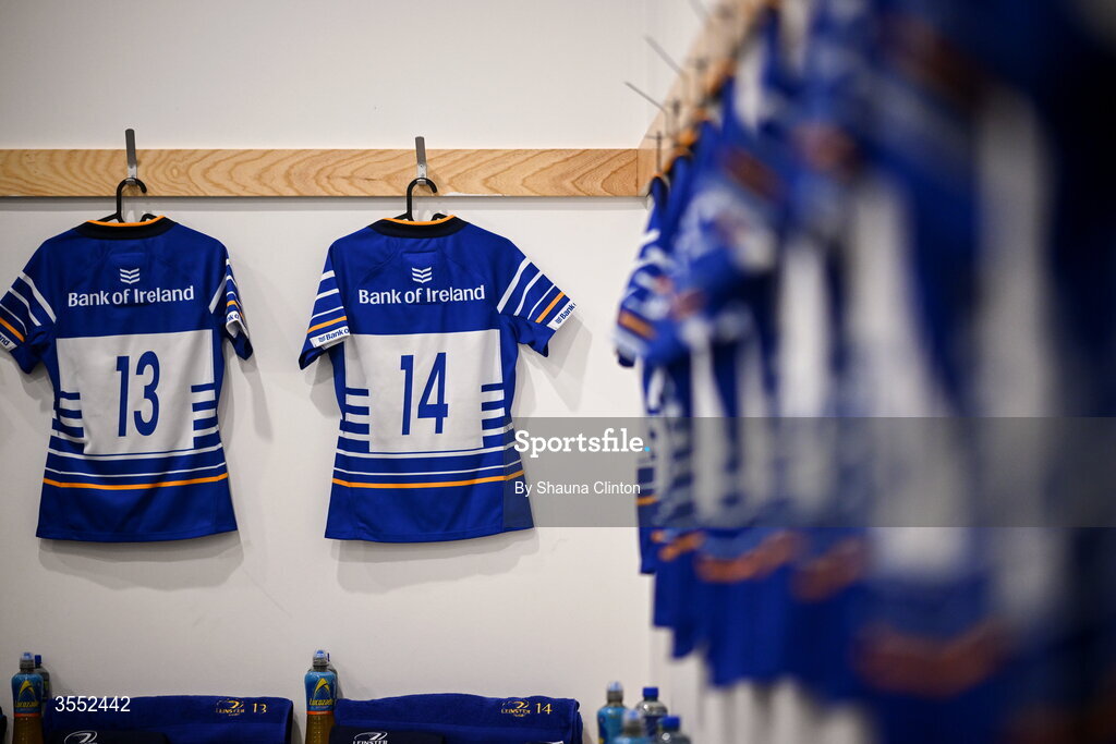 29 August 2026; The jerseys of Aoife Dalton, left, and Robyn O’Connor of Leinster is seen in the dressing-room ahead of the Vodafone Womens Interprovincial Championship final match between Munster and Leinster at Dexcom Stadium in Galway. Photo by Shauna Clinton/Sportsfile