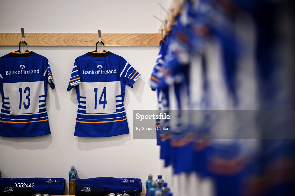29 August 2026; The jerseys of Aoife Dalton, left, and Robyn O’Connor of Leinster is seen in the dressing-room ahead of the Vodafone Womens Interprovincial Championship final match between Munster and Leinster at Dexcom Stadium in Galway. Photo by Shauna Clinton/Sportsfile
