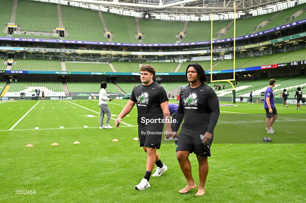 29 August 2026; TCU defensive tackle Floyd Guidry #91, right, and TCU defensive tackle Maddox Flynt #96 walk the pitch before the 2026 Aer Lingus College Football Classic match between TCU and North Carolina at the Aviva Stadium in Dublin. Photo by Brendan Moran/Sportsfile