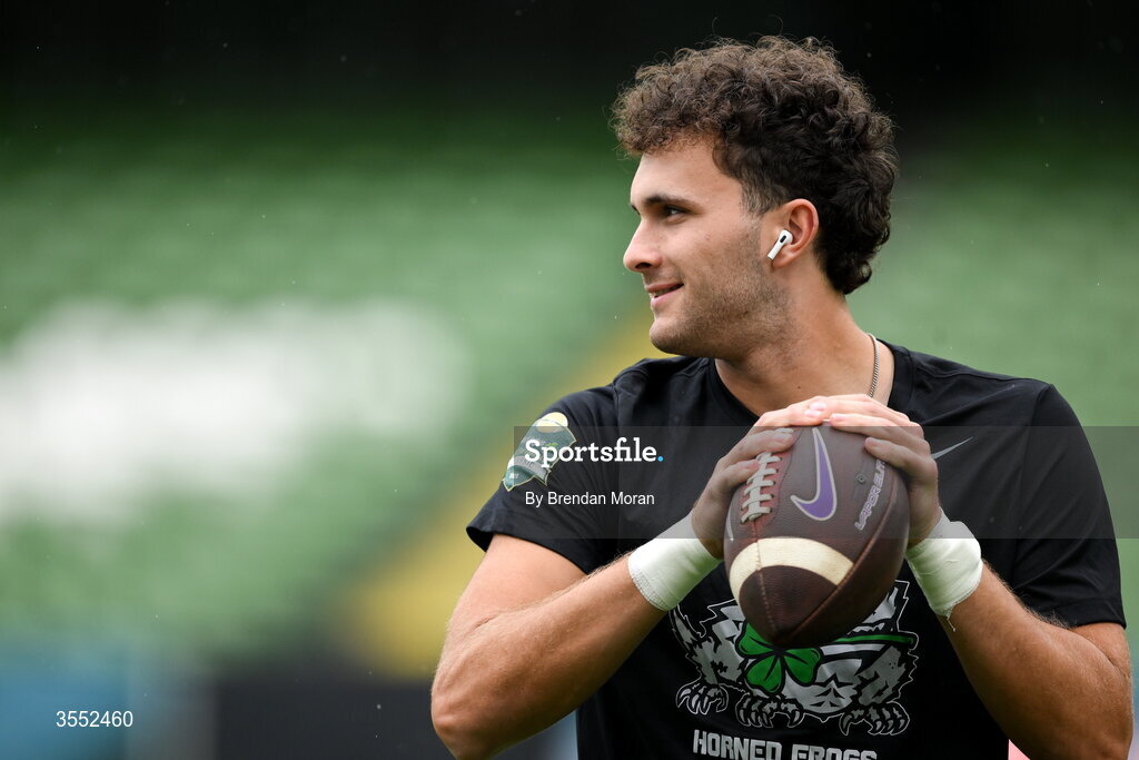 29 August 2026; TCU quarterback Adam Schobel #11 walks the pitch before the 2026 Aer Lingus College Football Classic match between TCU and North Carolina at the Aviva Stadium in Dublin. Photo by Brendan Moran/Sportsfile