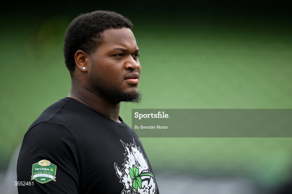 29 August 2026; TCU defensive tackle Kelten Mickell #90 walks the pitch before the 2026 Aer Lingus College Football Classic match between TCU and North Carolina at the Aviva Stadium in Dublin. Photo by Brendan Moran/Sportsfile