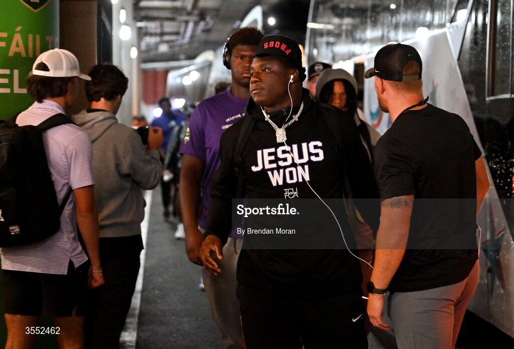 29 August 2026; TCU players arrive before the 2026 Aer Lingus College Football Classic match between TCU and North Carolina at the Aviva Stadium in Dublin. Photo by Brendan Moran/Sportsfile