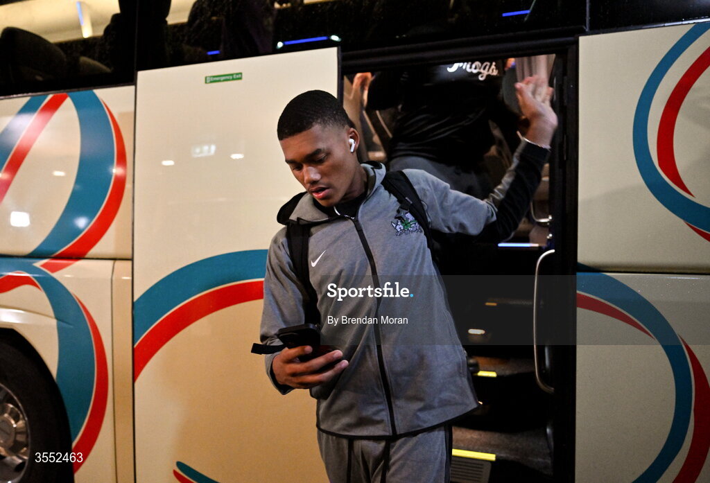 29 August 2026; TCU players arrive before the 2026 Aer Lingus College Football Classic match between TCU and North Carolina at the Aviva Stadium in Dublin. Photo by Brendan Moran/Sportsfile