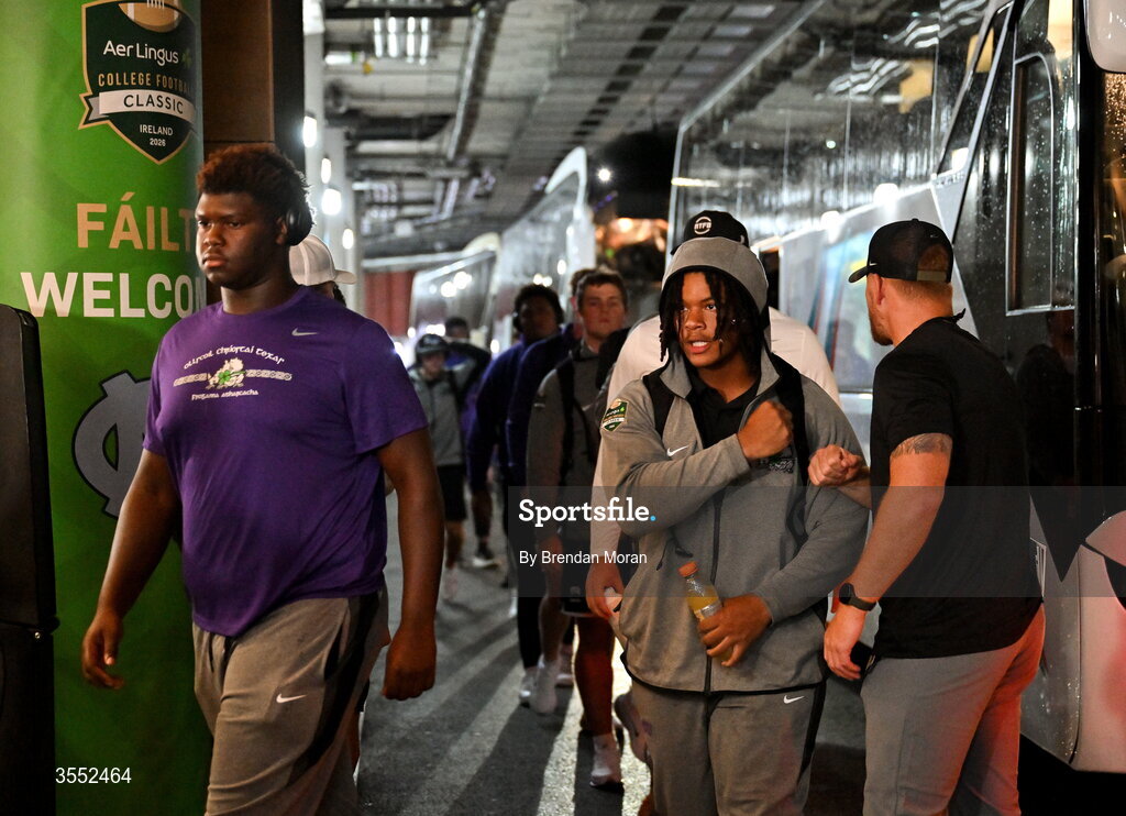 29 August 2026; TCU players arrive before the 2026 Aer Lingus College Football Classic match between TCU and North Carolina at the Aviva Stadium in Dublin. Photo by Brendan Moran/Sportsfile