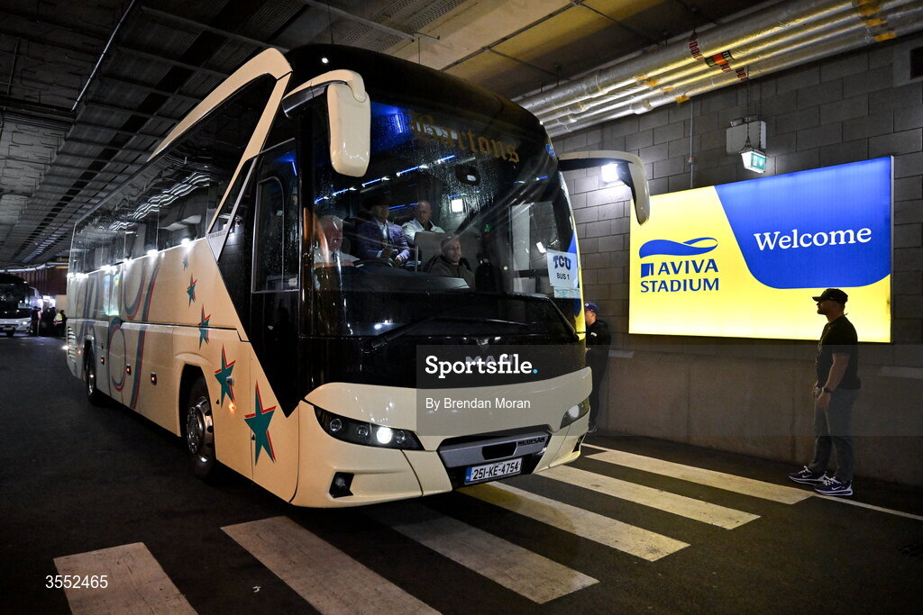 29 August 2026; TCU team bus arrives before the 2026 Aer Lingus College Football Classic match between TCU and North Carolina at the Aviva Stadium in Dublin. Photo by Brendan Moran/Sportsfile