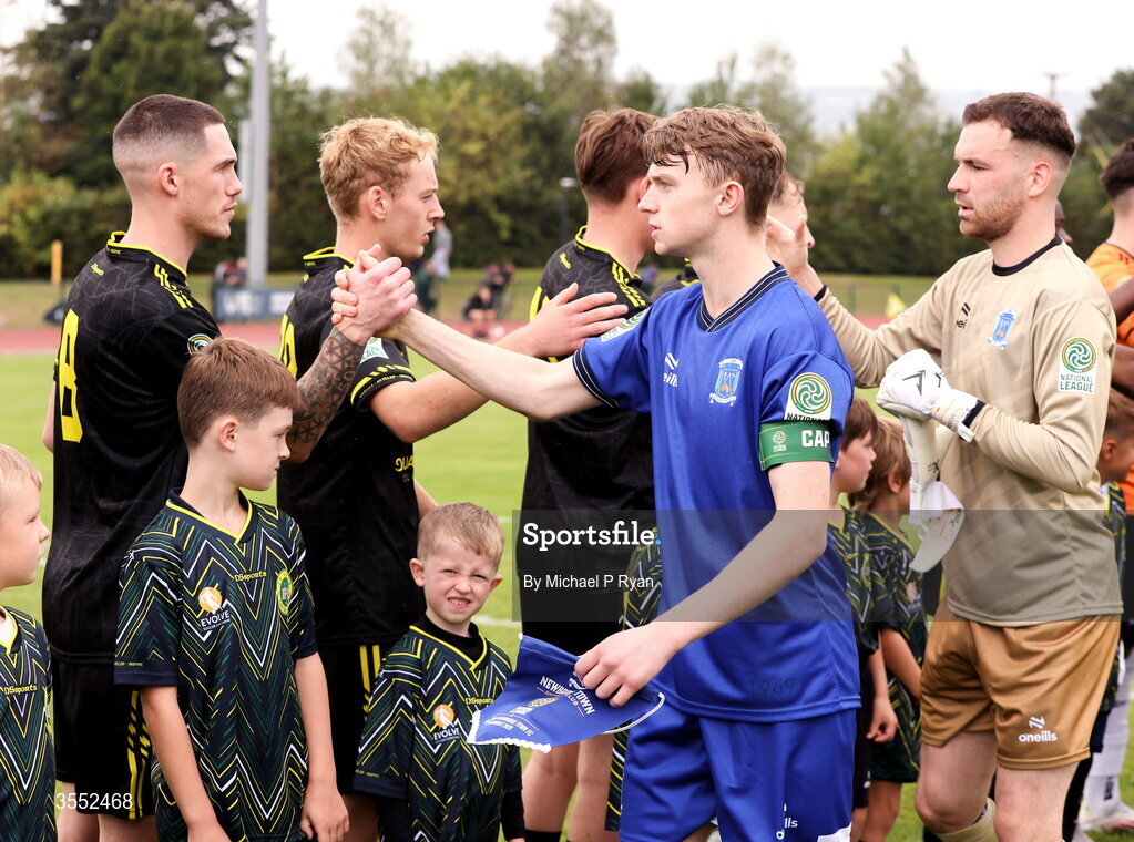 29 August 2026; Players fom both teams during the pre match handshake before the FAI National League Group 3 match between CK United and Newbridge Town at SETU Sports Complex in Carlow. Photo by Michael P Ryan/Sportsfile
