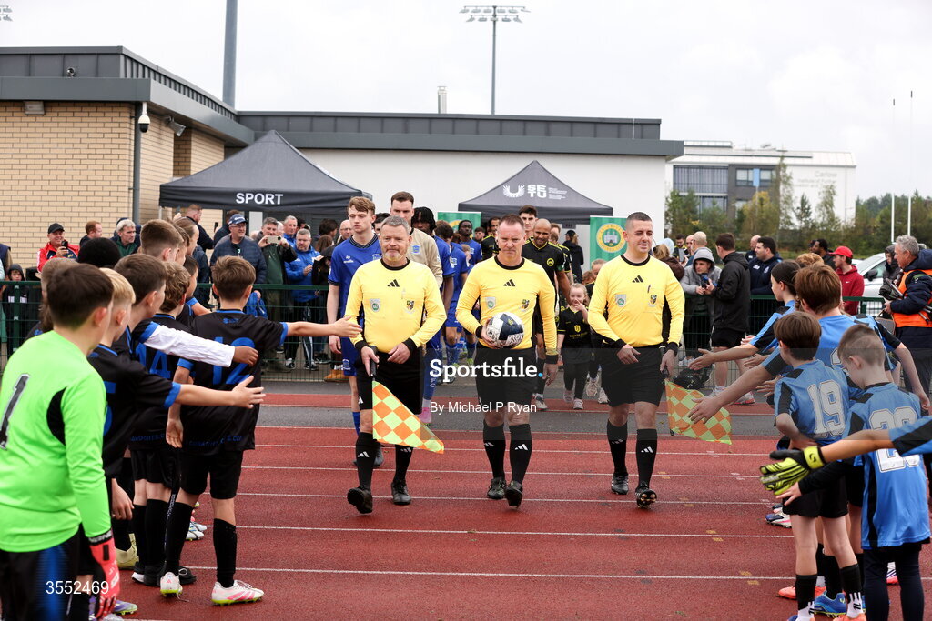 29 August 2026; Match officials walk out before the FAI National League Group 3 match between CK United and Newbridge Town at SETU Sports Complex in Carlow. Photo by Michael P Ryan/Sportsfile