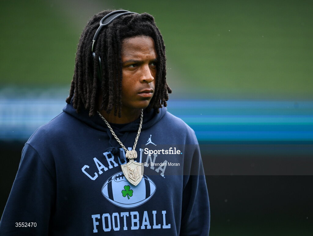 29 August 2026; North Carolina defensive back Ade Willie #3 walks the pitch before the 2026 Aer Lingus College Football Classic match between TCU and North Carolina at the Aviva Stadium in Dublin. Photo by Brendan Moran/Sportsfile
