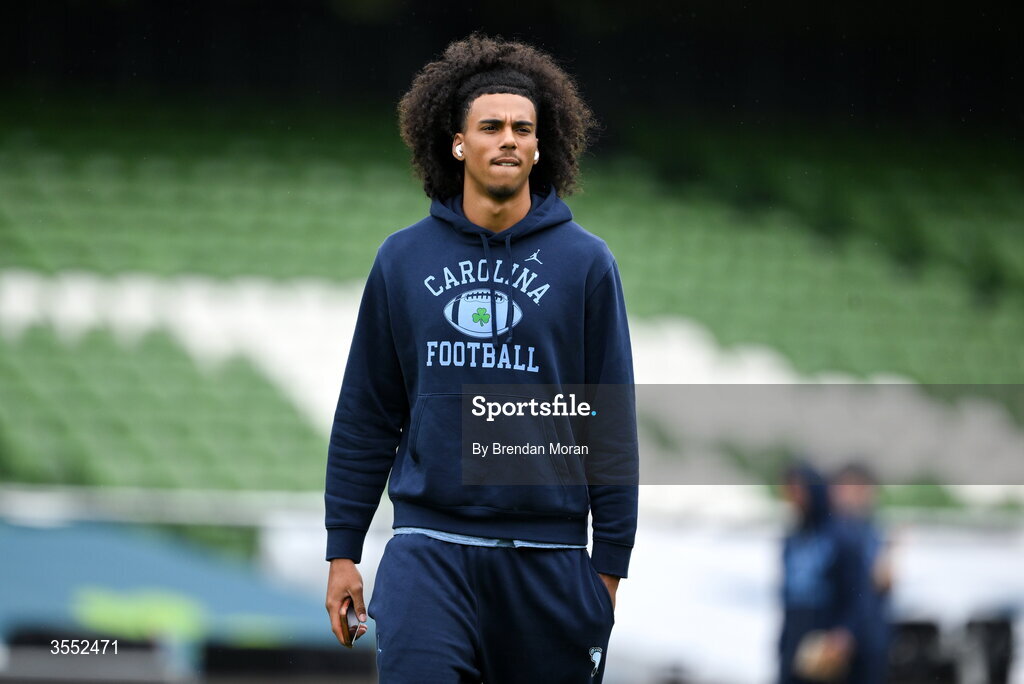29 August 2026; North Carolina quarterback Travis Burgess #3 walks the pitch before the 2026 Aer Lingus College Football Classic match between TCU and North Carolina at the Aviva Stadium in Dublin. Photo by Brendan Moran/Sportsfile