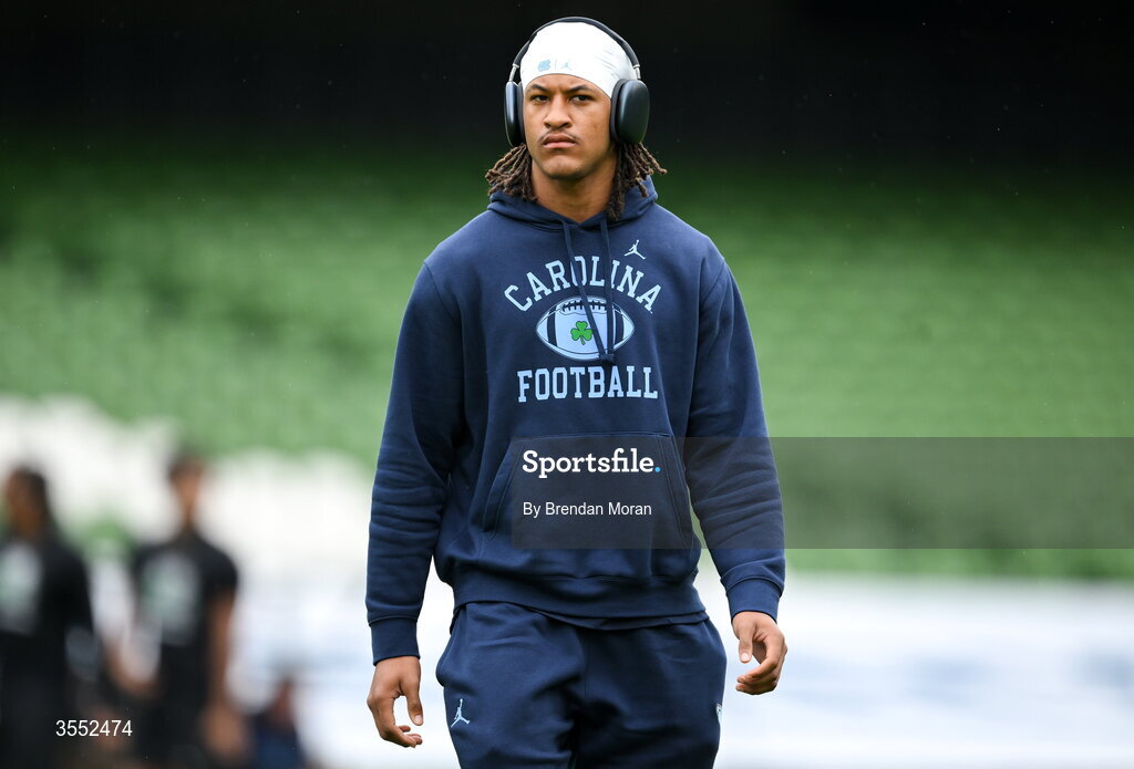 29 August 2026; North Carolina defensive back Peyton Waters #7 walks the pitch before the 2026 Aer Lingus College Football Classic match between TCU and North Carolina at the Aviva Stadium in Dublin. Photo by Brendan Moran/Sportsfile