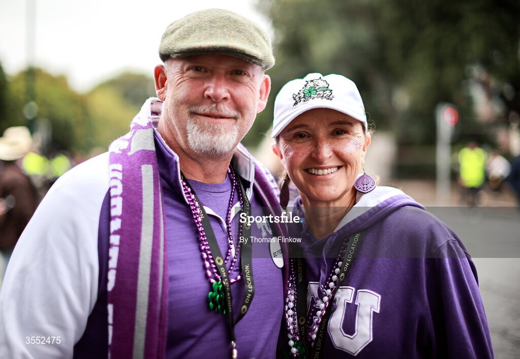 29 August 2026; TCU supporters Ed and Trisha Jagodzinski, from Texas, outside the stadium before the 2026 Aer Lingus College Football Classic match between TCU and North Carolina at the Aviva Stadium in Dublin. Photo by Thomas Flinkow/Sportsfile