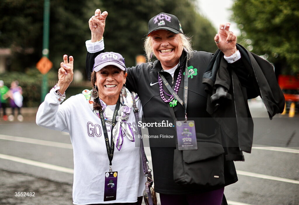 29 August 2026; Terrie Farrif, left, and Terry O'Grady, from Texas, outside the stadium before the 2026 Aer Lingus College Football Classic match between TCU and North Carolina at the Aviva Stadium in Dublin. Photo by Thomas Flinkow/Sportsfile