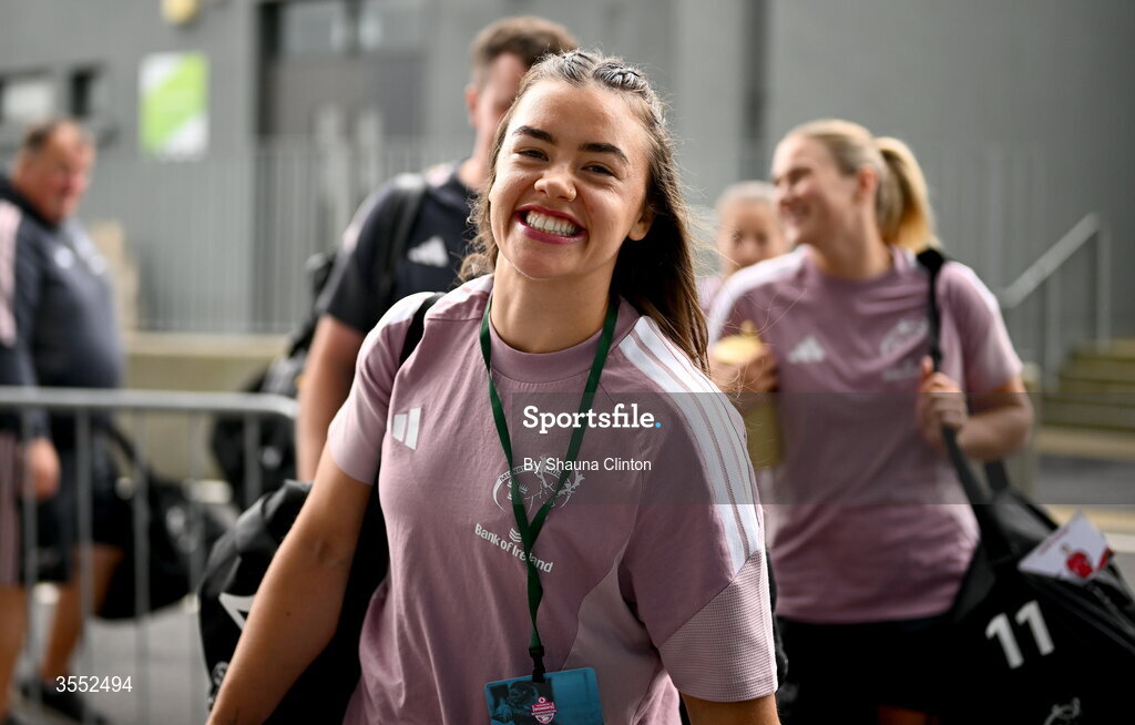 29 August 2026; Maeve Óg O’Leary of Munster arrives ahead of the Vodafone Womens Interprovincial Championship final match between Munster and Leinster at Dexcom Stadium in Galway. Photo by Shauna Clinton/Sportsfile