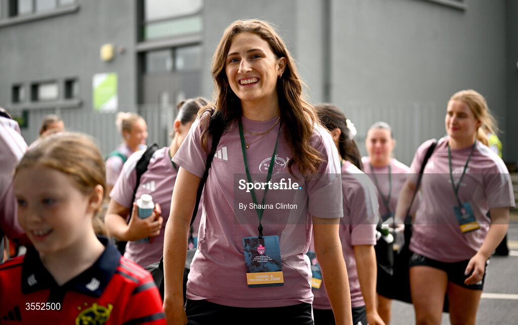 29 August 2026; Aoibhe O'Flynn of Munster arrives ahead of the Vodafone Womens Interprovincial Championship final match between Munster and Leinster at Dexcom Stadium in Galway. Photo by Shauna Clinton/Sportsfile