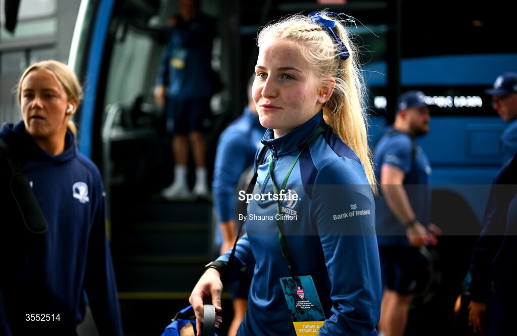 29 August 2026; Roisín Kinch of Leinster arrives ahead of the Vodafone Womens Interprovincial Championship final match between Munster and Leinster at Dexcom Stadium in Galway. Photo by Shauna Clinton/Sportsfile