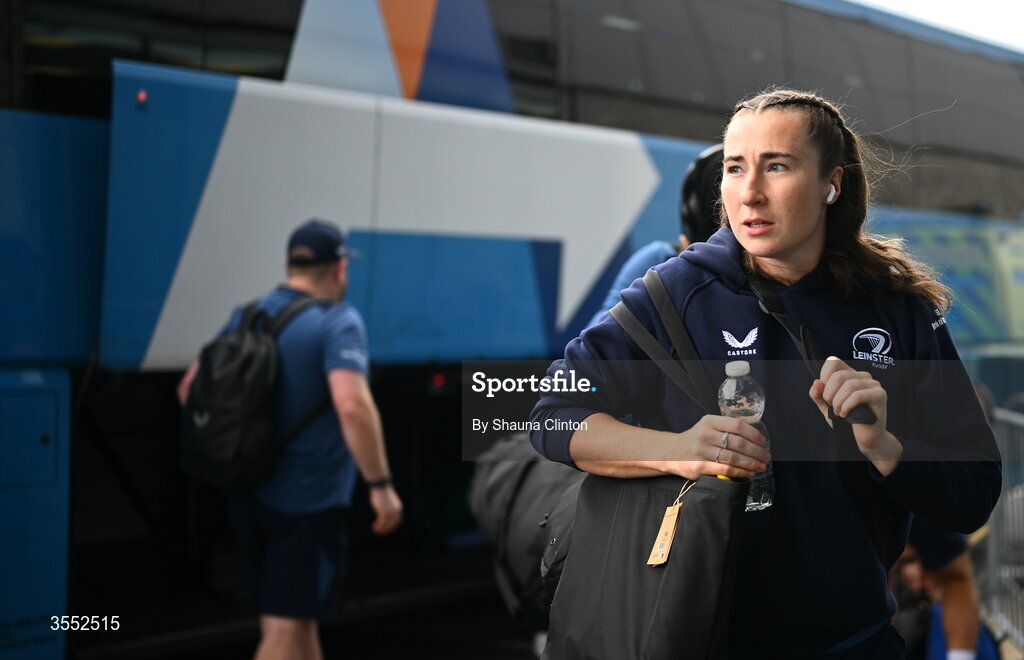 29 August 2026; Eve Higgins of Leinster arrives ahead of the Vodafone Womens Interprovincial Championship final match between Munster and Leinster at Dexcom Stadium in Galway. Photo by Shauna Clinton/Sportsfile