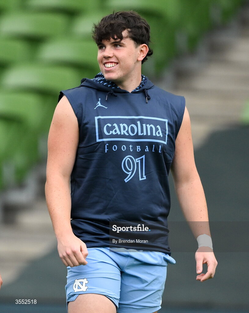 29 August 2026; North Carolina punter Adam McCann-Gibbs #91 warms up before the 2026 Aer Lingus College Football Classic match between TCU and North Carolina at the Aviva Stadium in Dublin. Photo by Brendan Moran/Sportsfile